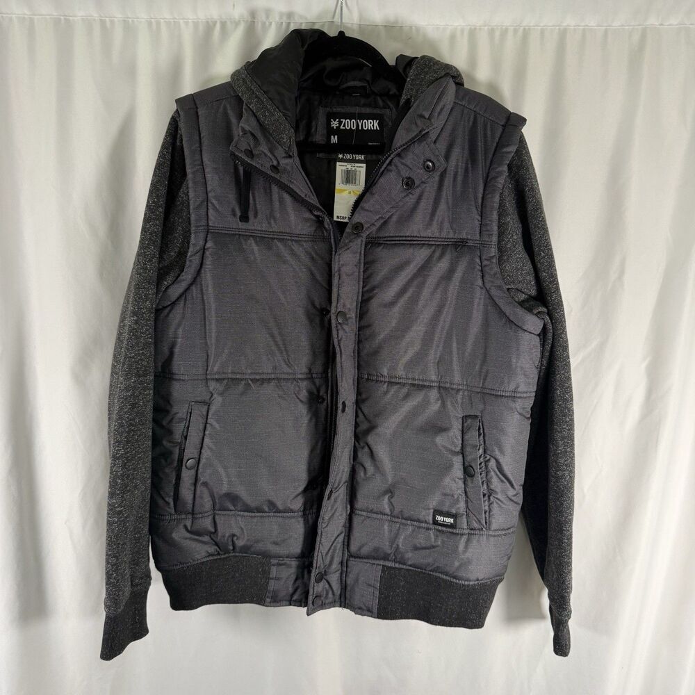 New Zoo York Coat Men's Medium Grey Hooded Snap Zip Up Pocket